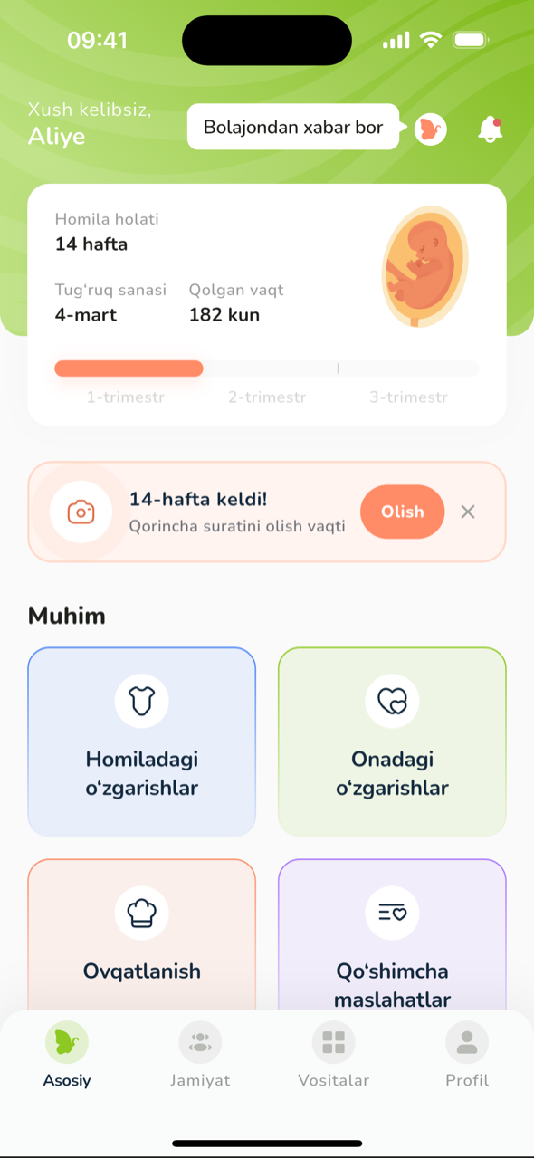 Homiladorlik asosiy ekrani